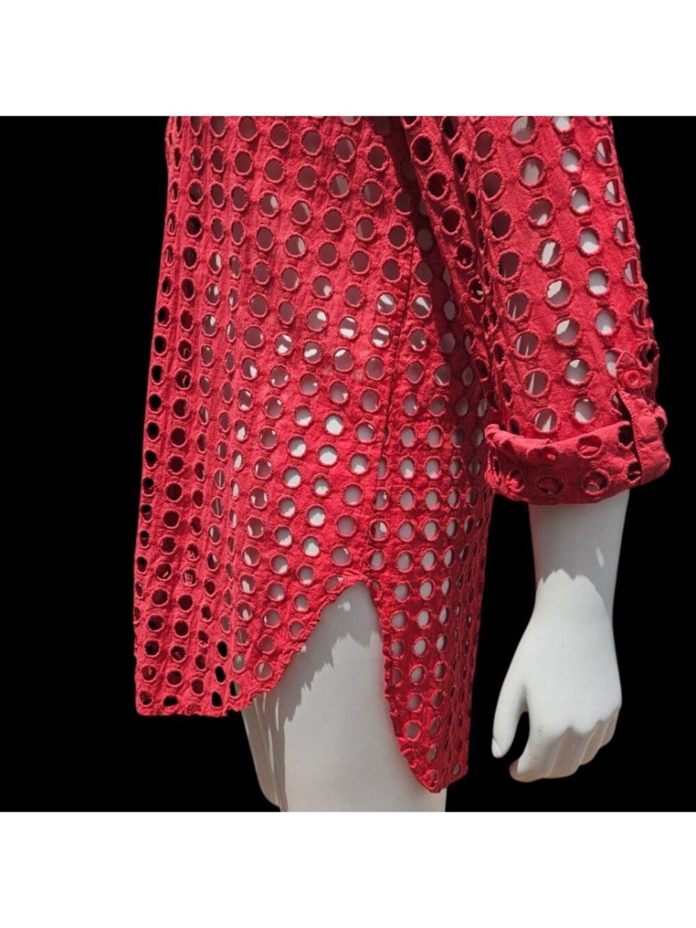 Adiva Red Eyelet Cutout Tunic Shirt Beach Coverup Roll Sleeve Size L - Picture 8 of 12